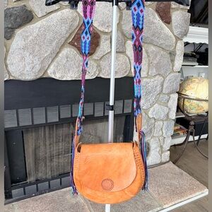 Natural leather crossbody with handwoven strap